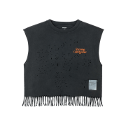 Satisfy 10th Anniversary Mothtech Cropped Fringed Muscle T-Shirt Aged Black