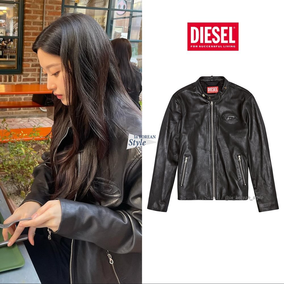 Diesel L-Metalo Leather Biker Jacket with Distressed Logo Black 착용 스타일