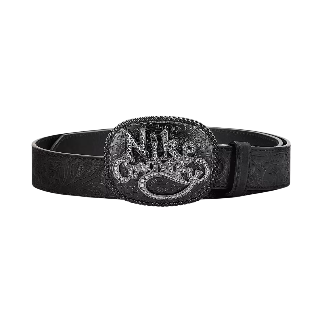 나이키 컨트리 라인스톤 플라크 버클 엠보스 레더 벨트 블랙(Nike Country Rhinestone Plaque Buckle Embossed Leather Belt Black) - 1
