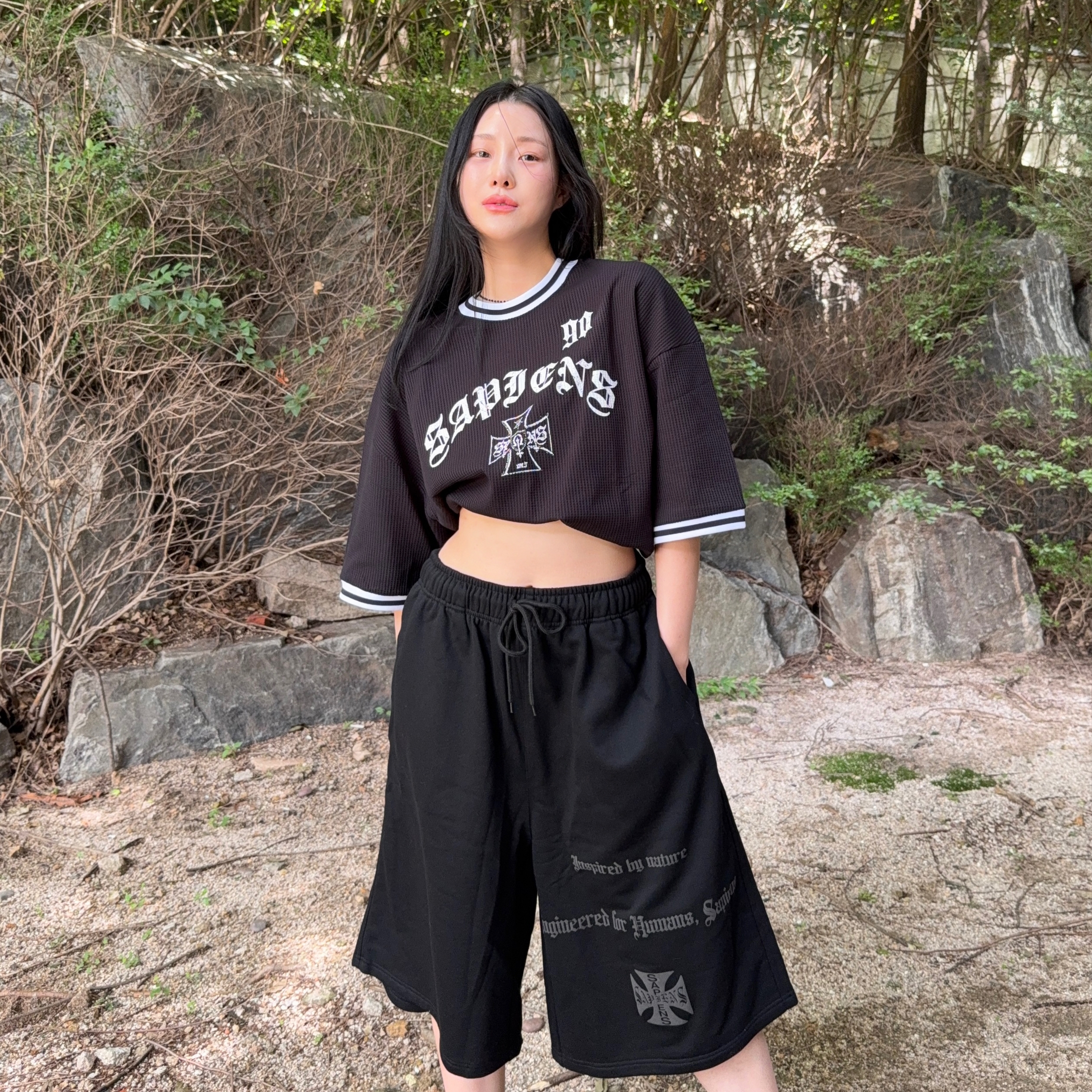 Sapiens Ninety Ringer Over Fit Short Sleeves Black, [KREAM 단독][예약 배송] Sapiens Engineered Over Fit Shorts Black 착용 스타일 - 1