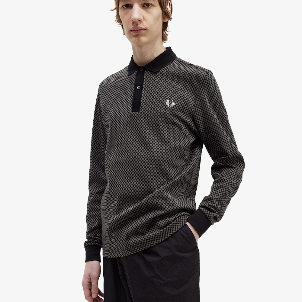 프레드페리 마이크로 체커보드 롱 슬리브 폴로 셔츠 블랙 필드그린(Fred Perry Micro Chequerboard Polo Shirt Black) - 4