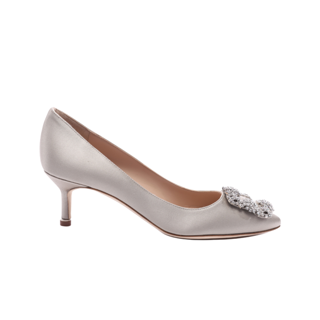 9XX-0315-0052 (W) Manolo Blahnik Hangisi L50 Satin Jewel Buckle Pumps Silver Grey