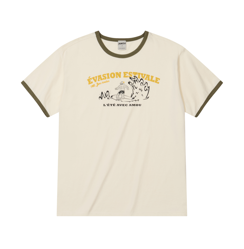 AM25SSHS29KH AMOU Cactus Surf Ringer T-Shirts Khaki