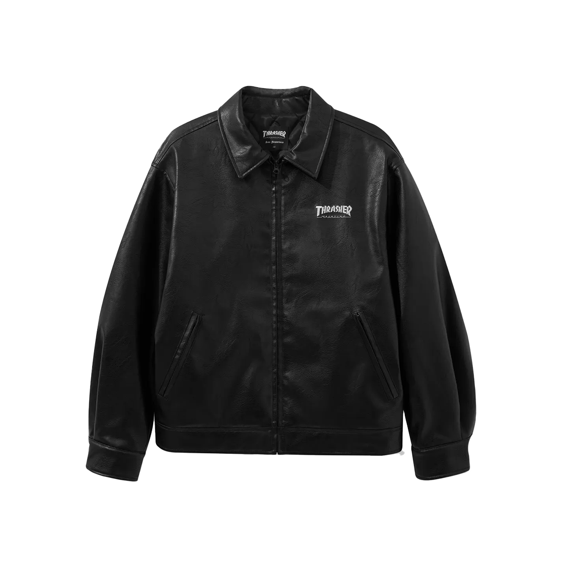 트레셔 매거진 비건 레더 트러커 자켓 블랙(THRASHER Magazine Vegan Leather Trucker Jacket Black)
