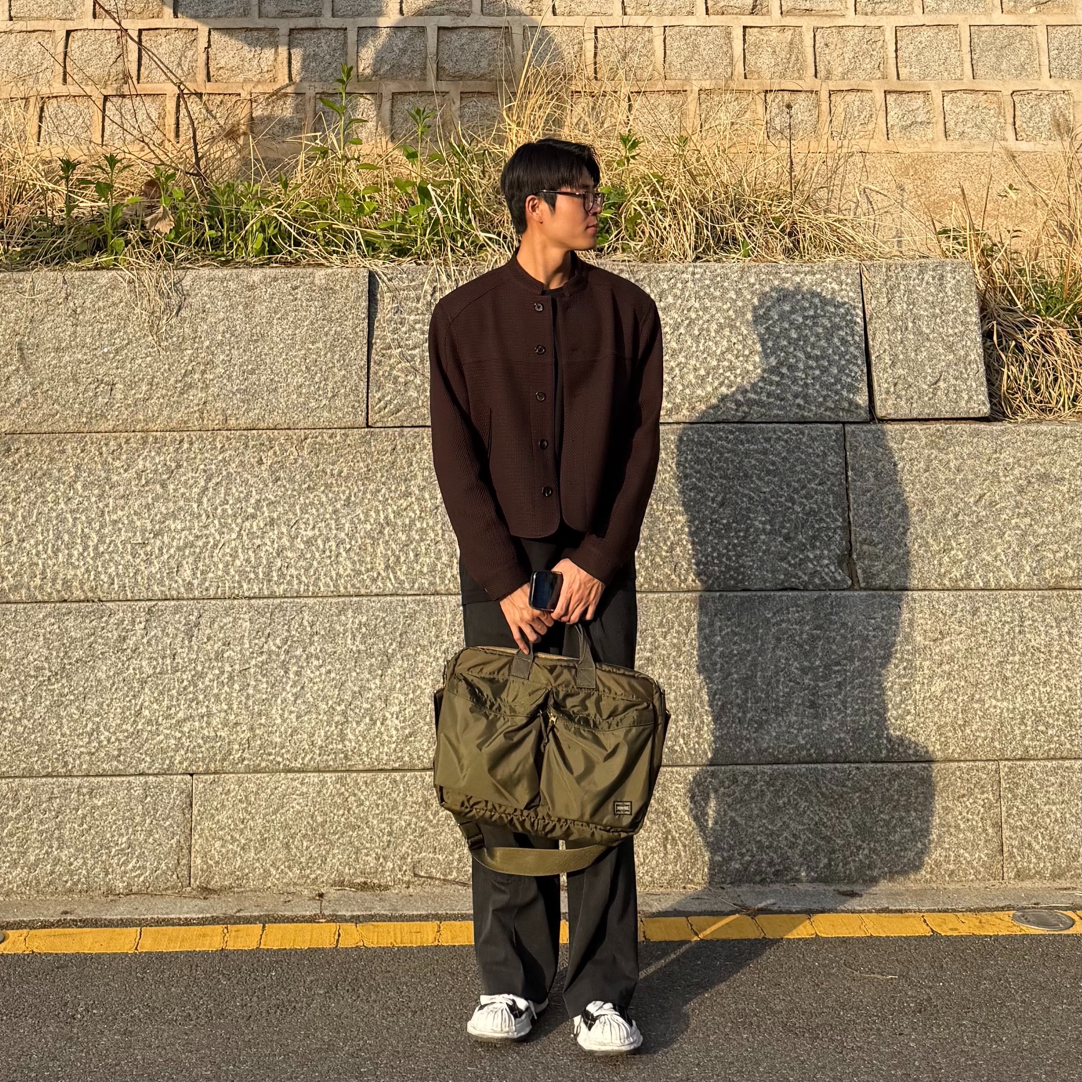 Haleine Mandarin Collar Wool Crop Jacket Brown (WJ128), Maison Mihara Yasuhiro Blakey OG Sole Canvas Low-top Sneakers Black White 착용 스타일