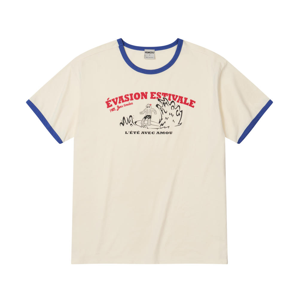 AM25SSHS29BL AMOU Cactus Surf Ringer T-Shirts Blue