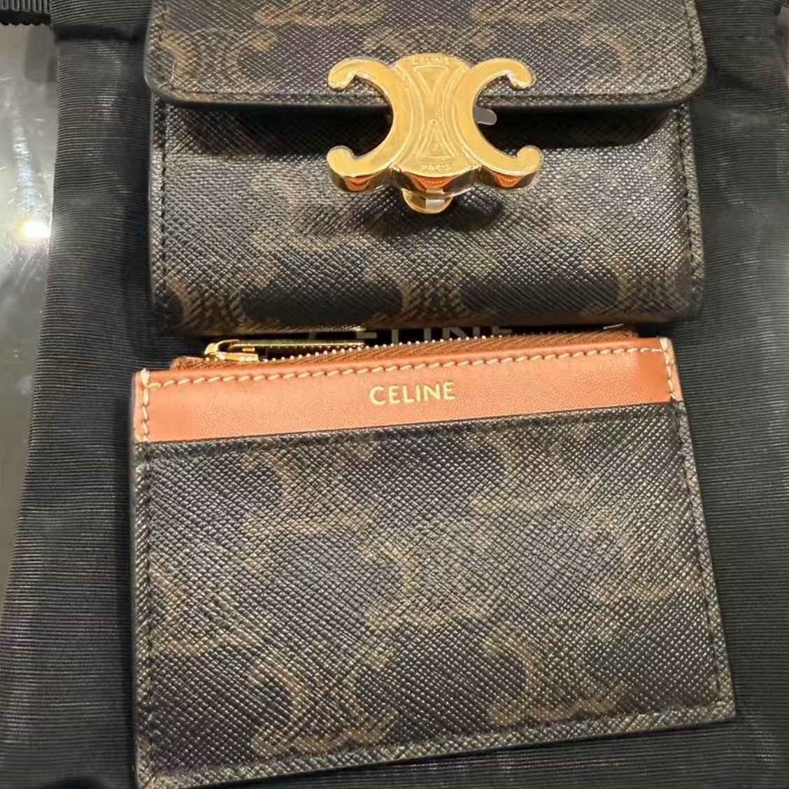 Celine Compact Wallet with Coin in Triomphe Canvas Tan 착용 스타일