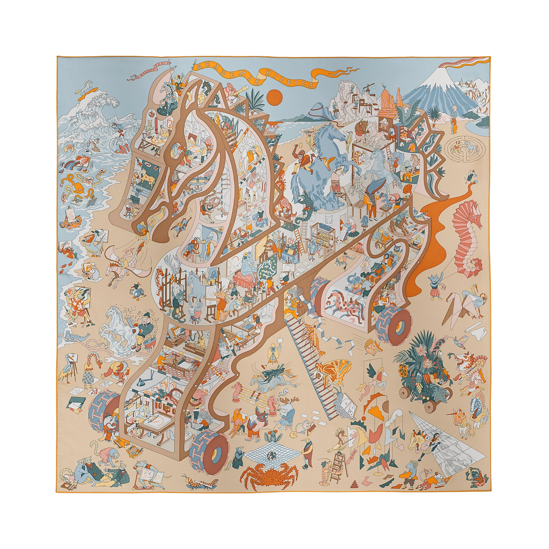 H004281S02 Hermes Academia Hippica Scarf 90 & Bleu Glacier Sable Bouton D'or