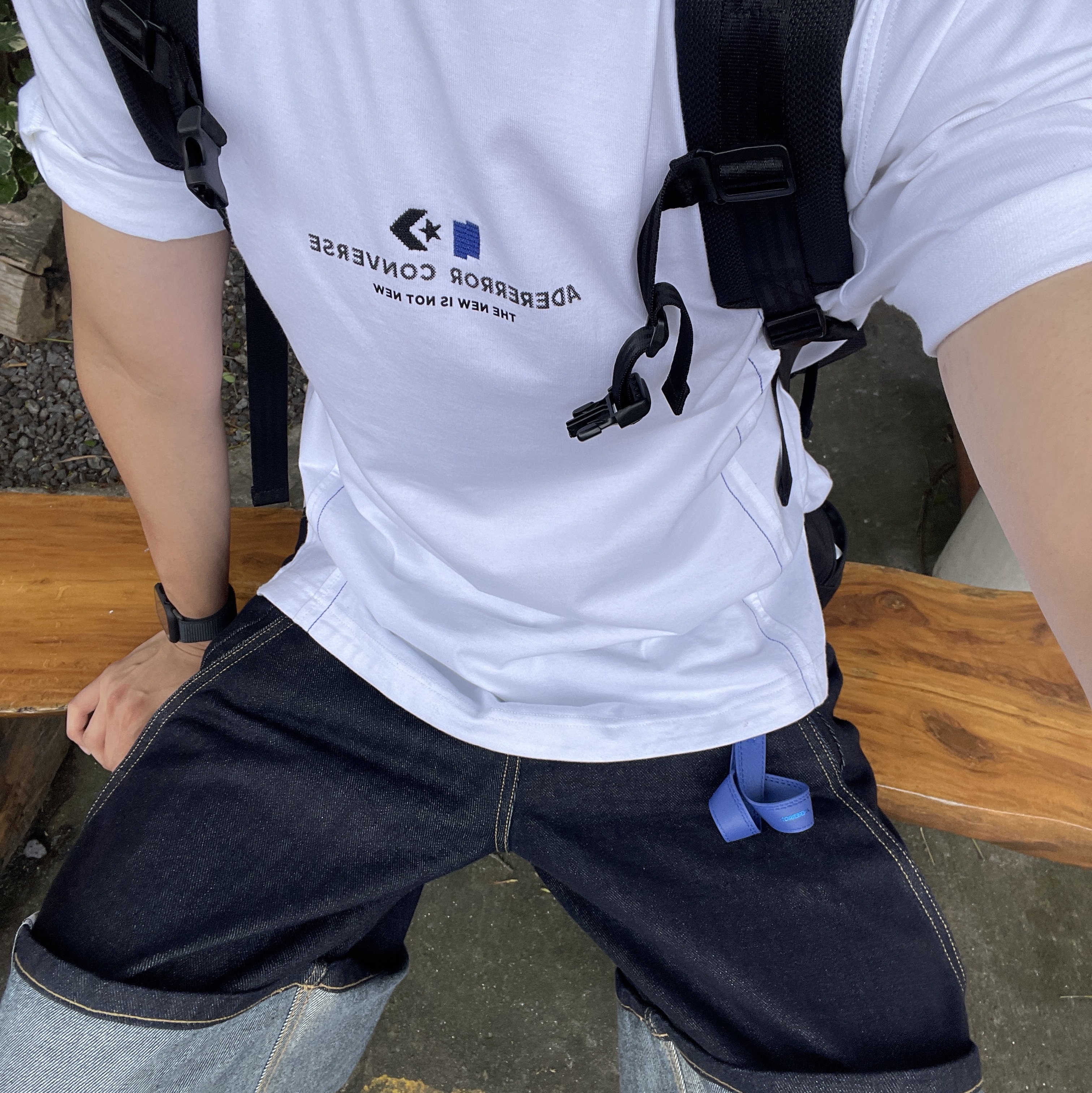 Ader Error Henrik Jeans Blue, Converse x Ader Error T-Shirt Cloud Dancer 착용 스타일