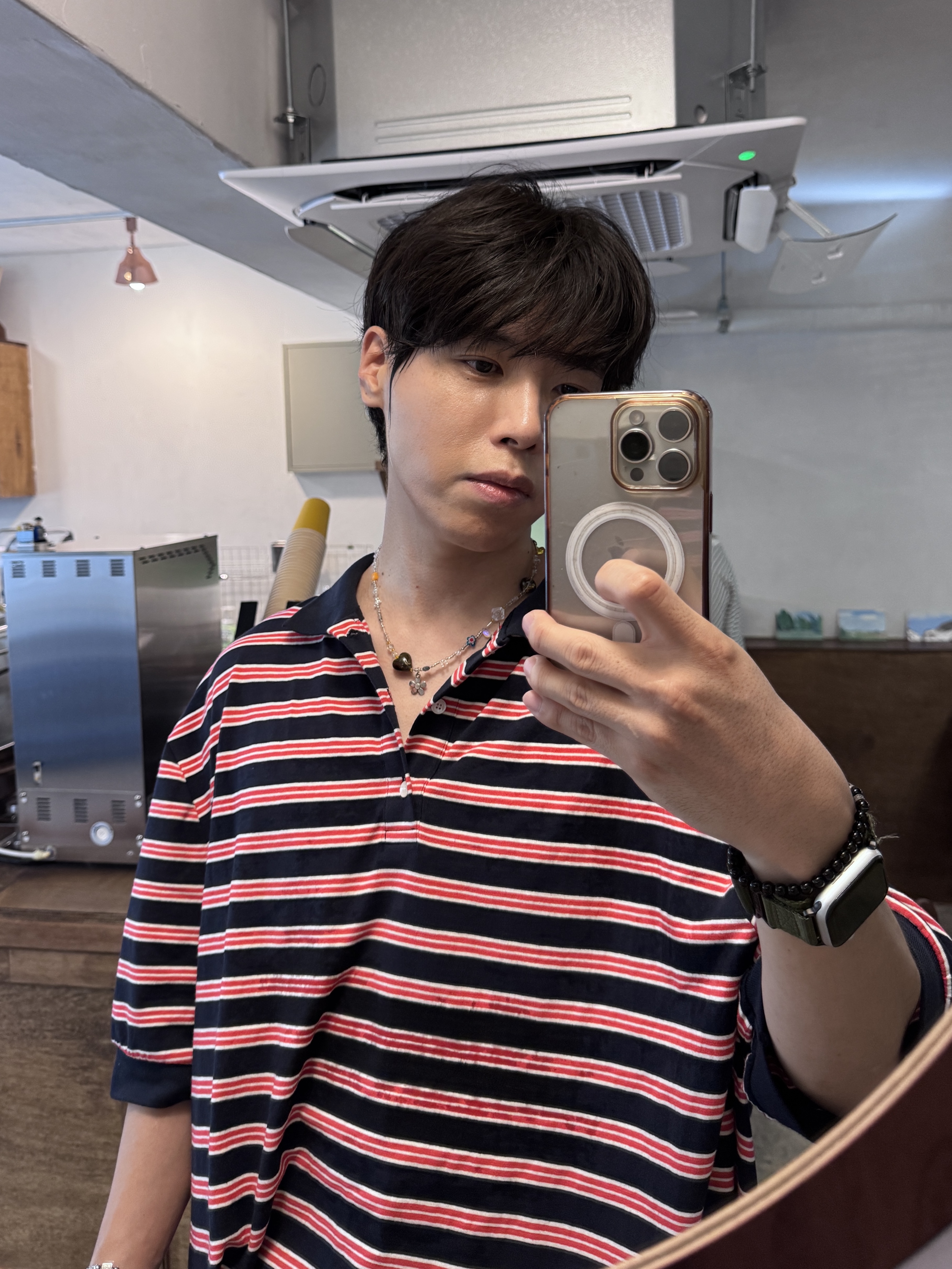 MJD Oversized Stripe Polo, MJD x Kamien Double Hole Belt Oak Brown 착용 스타일 - 3