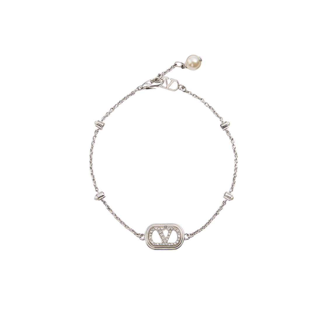 (W) 발렌티노 브이로고 시그니쳐 메탈 펄 스와로브스키 크리스탈 브레이슬릿 로듐((W) Valentino Vlogo Signature Bracelet in Metal Pearls and Swarovski Crystals Rhodium)