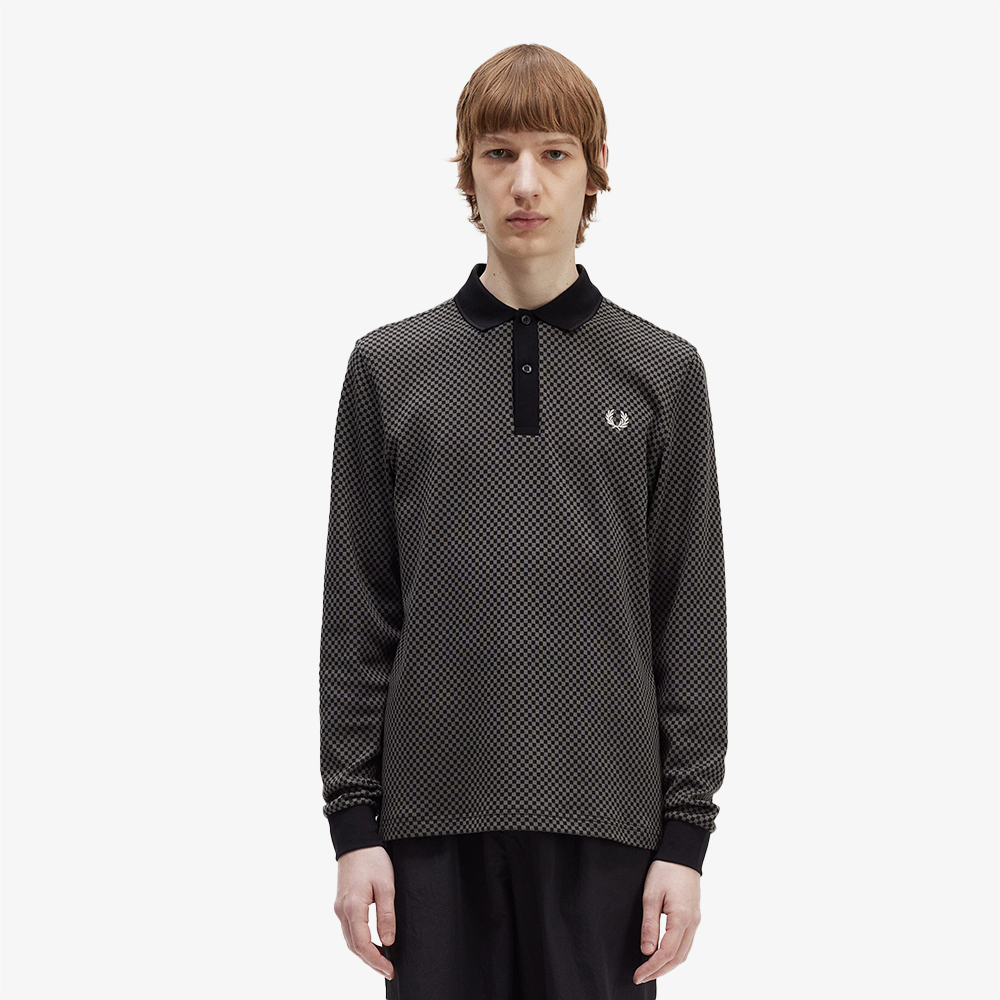 프레드페리 마이크로 체커보드 롱 슬리브 폴로 셔츠 블랙 필드그린(Fred Perry Micro Chequerboard Polo Shirt Black) - 2