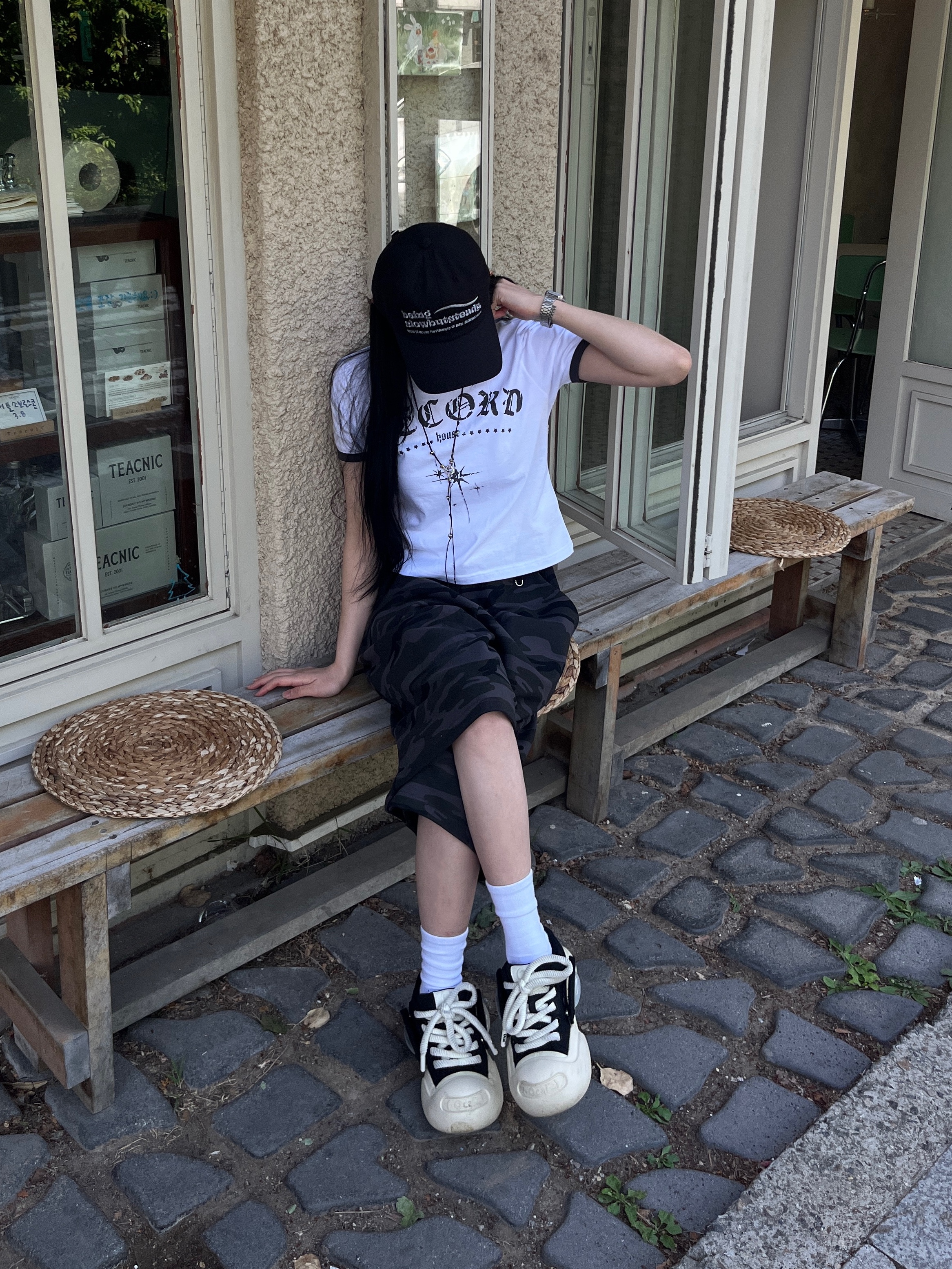SLOW RECORD HOUSE Unisex RECORD Ringer Tee White, SLOW RECORD HOUSE 04 Bermuda Sweat Pants Camo Charcoal 착용 스타일 - 8