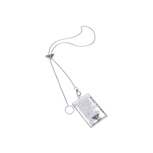 ITQK2PEQPOCH Prada Chain Neck Card Wallet Metallic Leather Silver