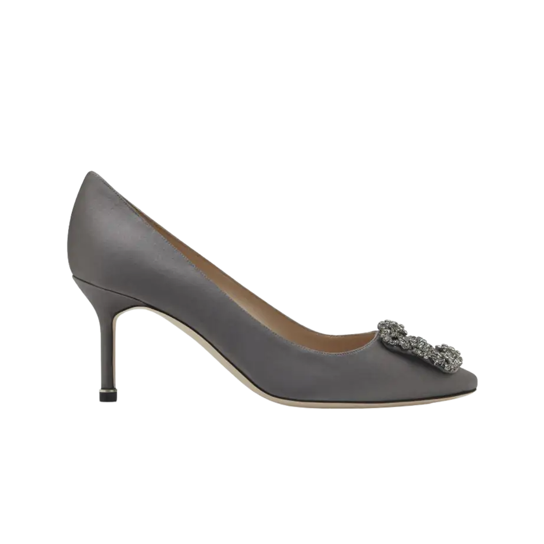 9XX-0662-0054 (W) Manolo Blahnik Hangisi 70 Satin Jewel Buckle Pumps Dark Grey