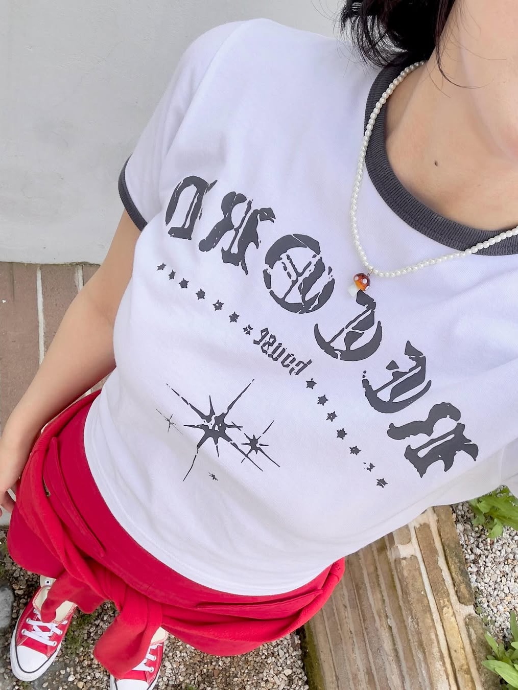 SLOW RECORD HOUSE Unisex RECORD Ringer Tee White 착용 스타일 - 6