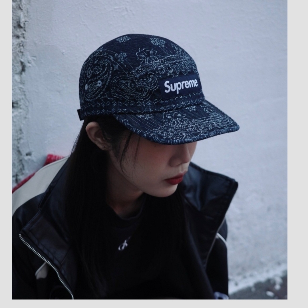 Supreme Bandana Jacquard Denim Camp Cap Indigo - 25SS 착용 스타일 - 1