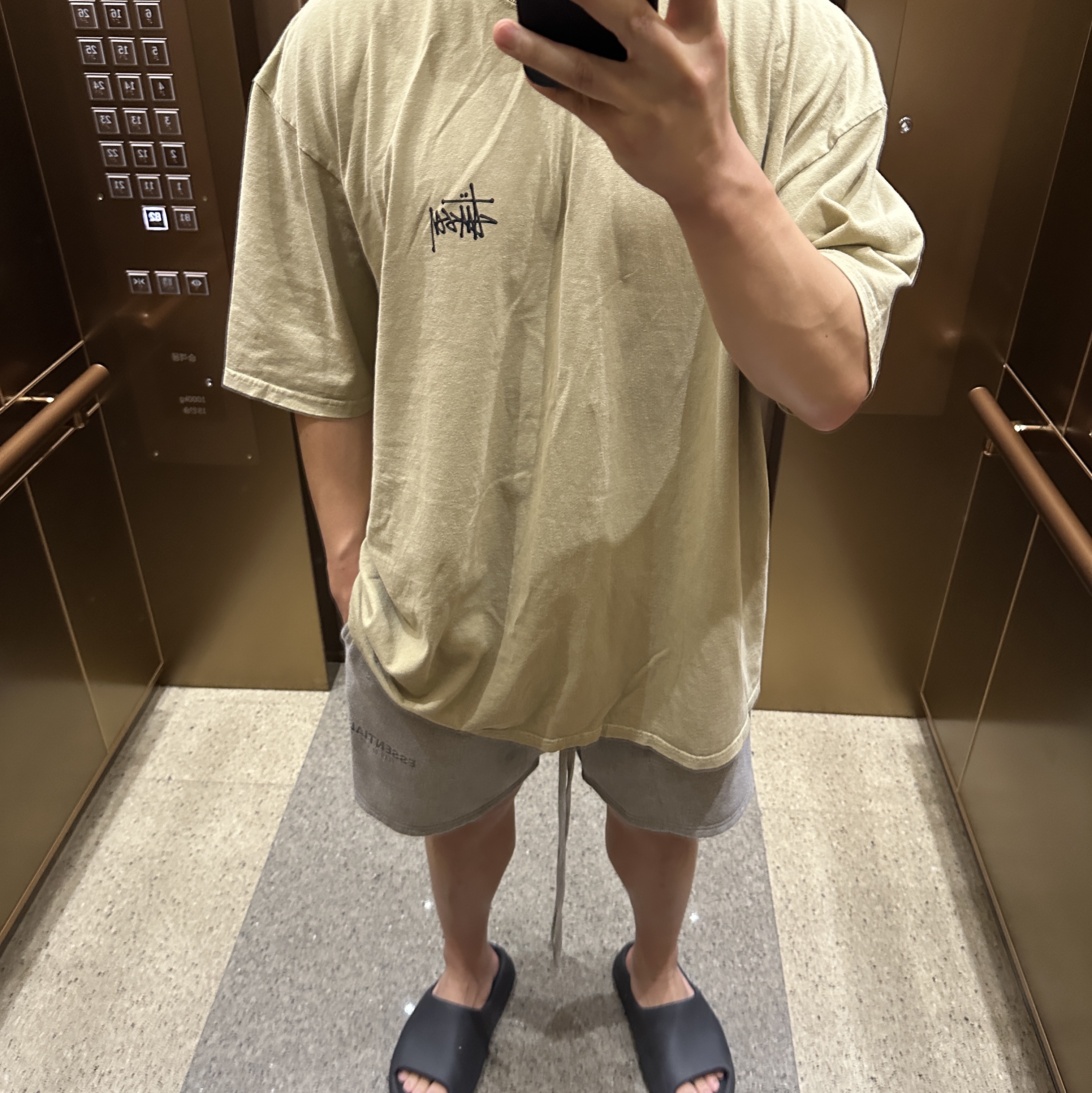 Essentials Sweatshorts Heather Oatmeal - 21SS, Stussy Basic Stussy Pigment Dyed T-Shirt Elm 착용 스타일