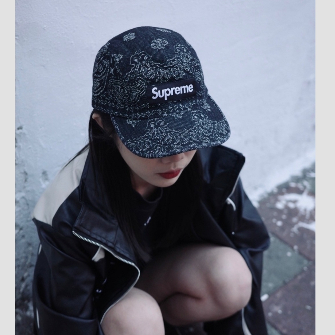 Supreme Bandana Jacquard Denim Camp Cap Black - 25SS 착용 스타일 - 1