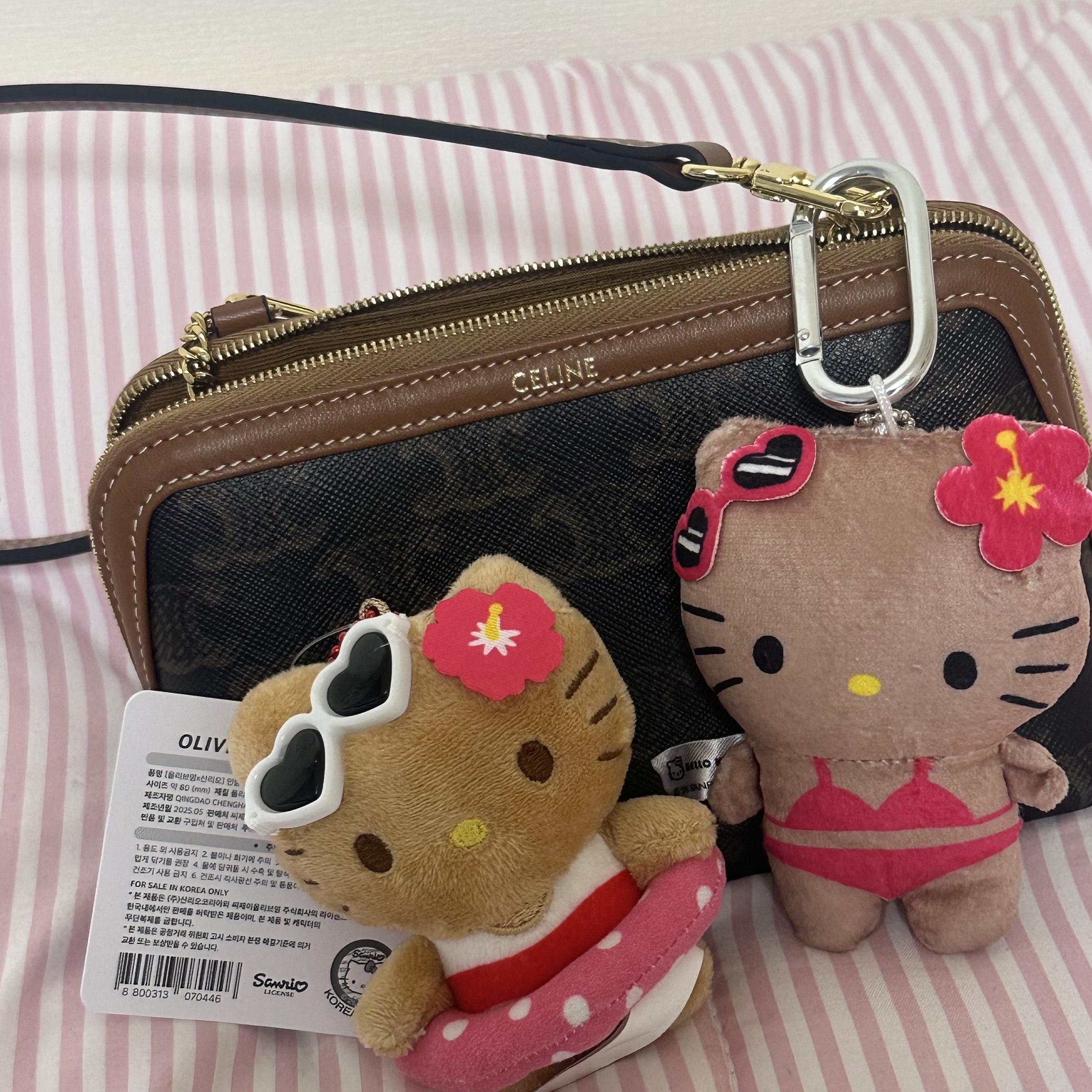 Celine Clutch with Chain in Triomphe Canvas and Lambskin Tan, Sanrio x Olive Young Tanning Sanrio Characters Doll Keyring Tanning Hello Kitty 착용 스타일