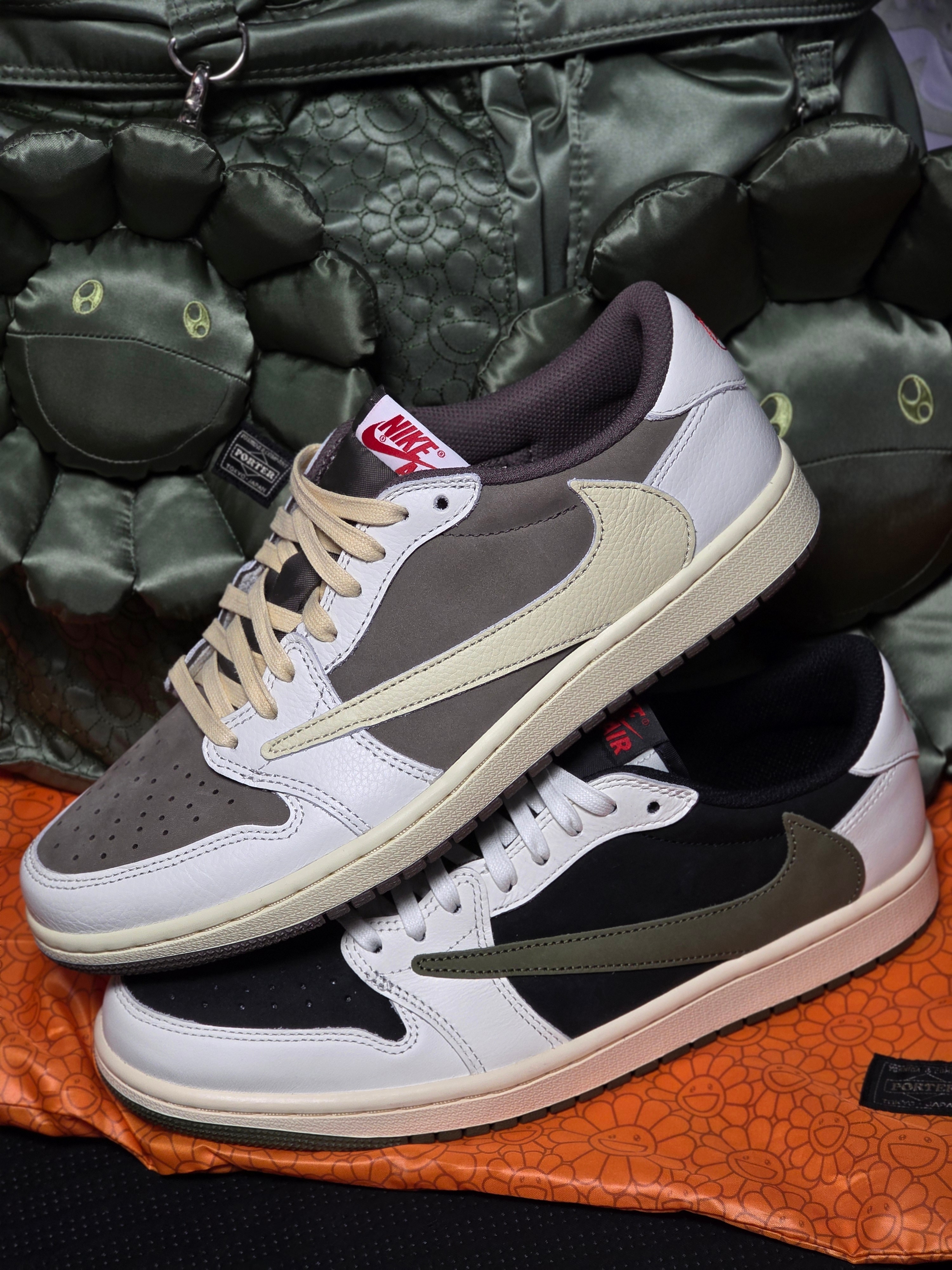 (W) Jordan 1 x Travis Scott Retro Low OG SP Medium Olive, Jordan 1 x Travis Scott Retro Low OG SP Sail and Ridgerock 착용 스타일