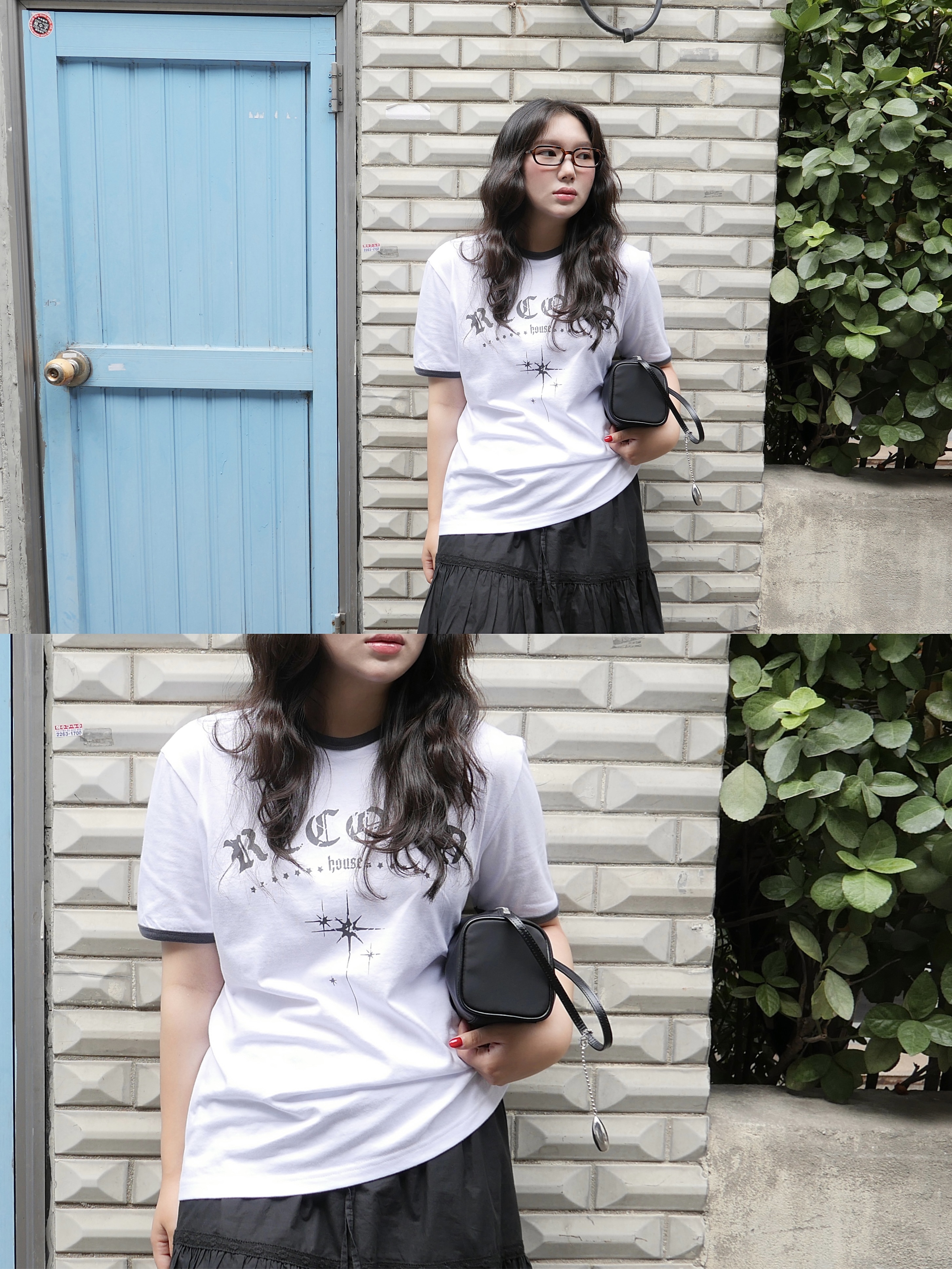 SLOW RECORD HOUSE Unisex RECORD Ringer Tee White 착용 스타일 - 1