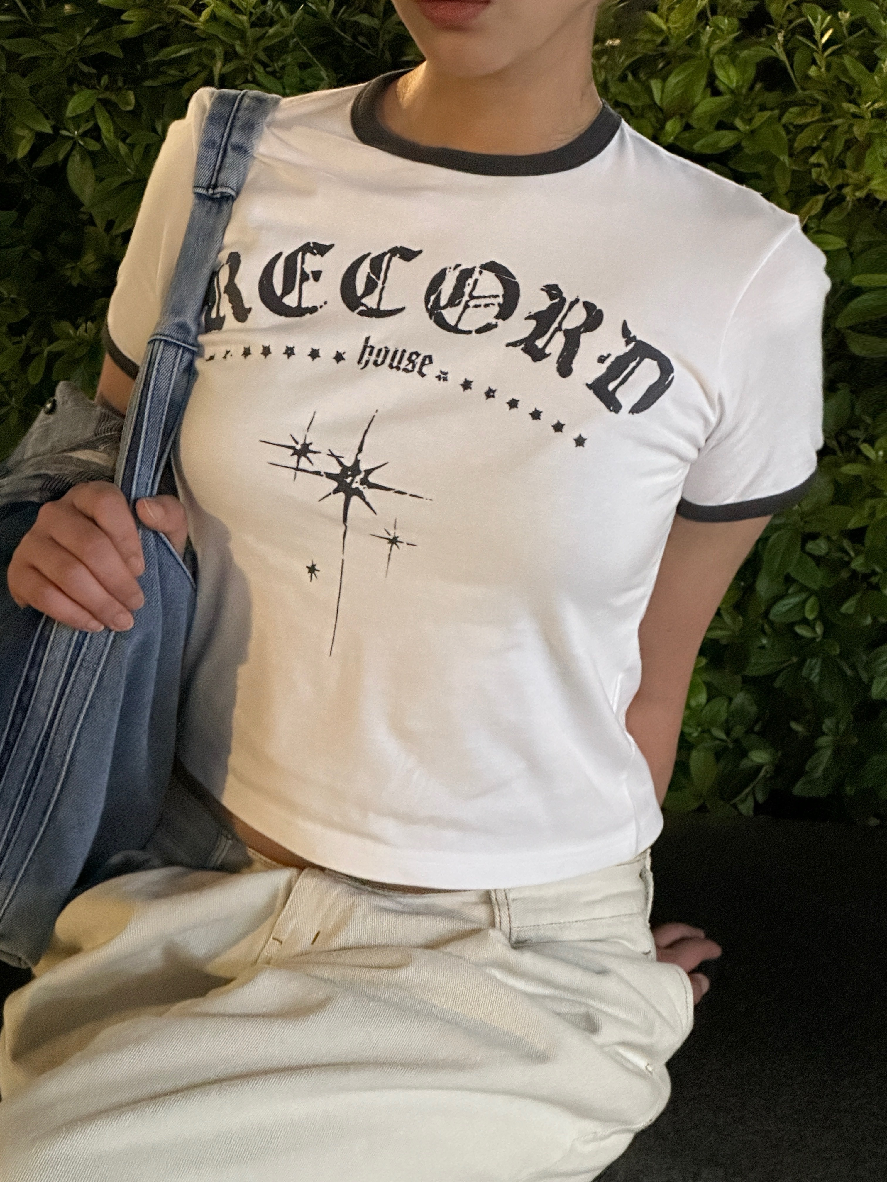 SLOW RECORD HOUSE Unisex RECORD Ringer Tee White 착용 스타일 - 3