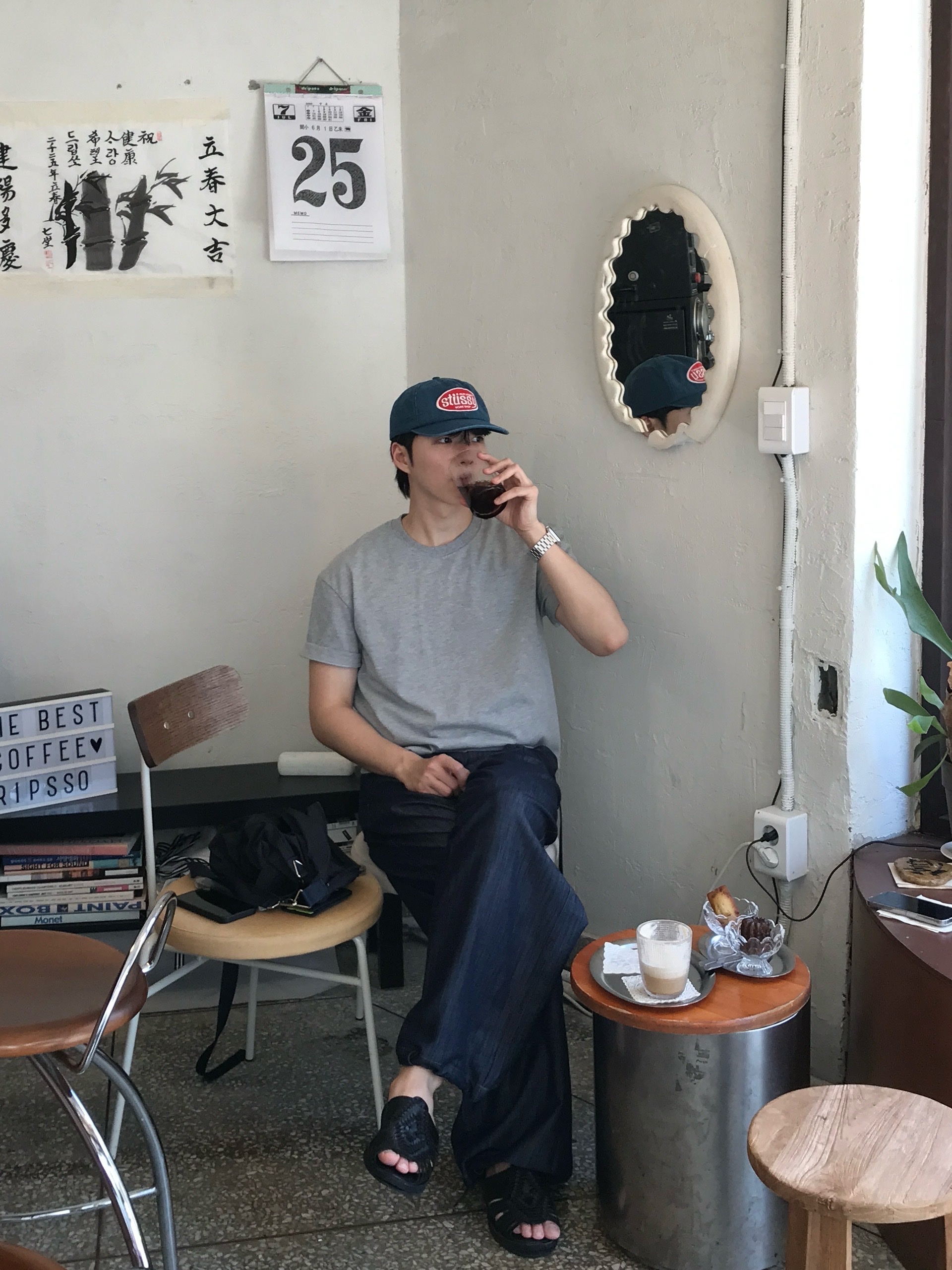 Stussy x Our Legacy Work Shop Mid-depth Cap Navy 착용 스타일 - 7