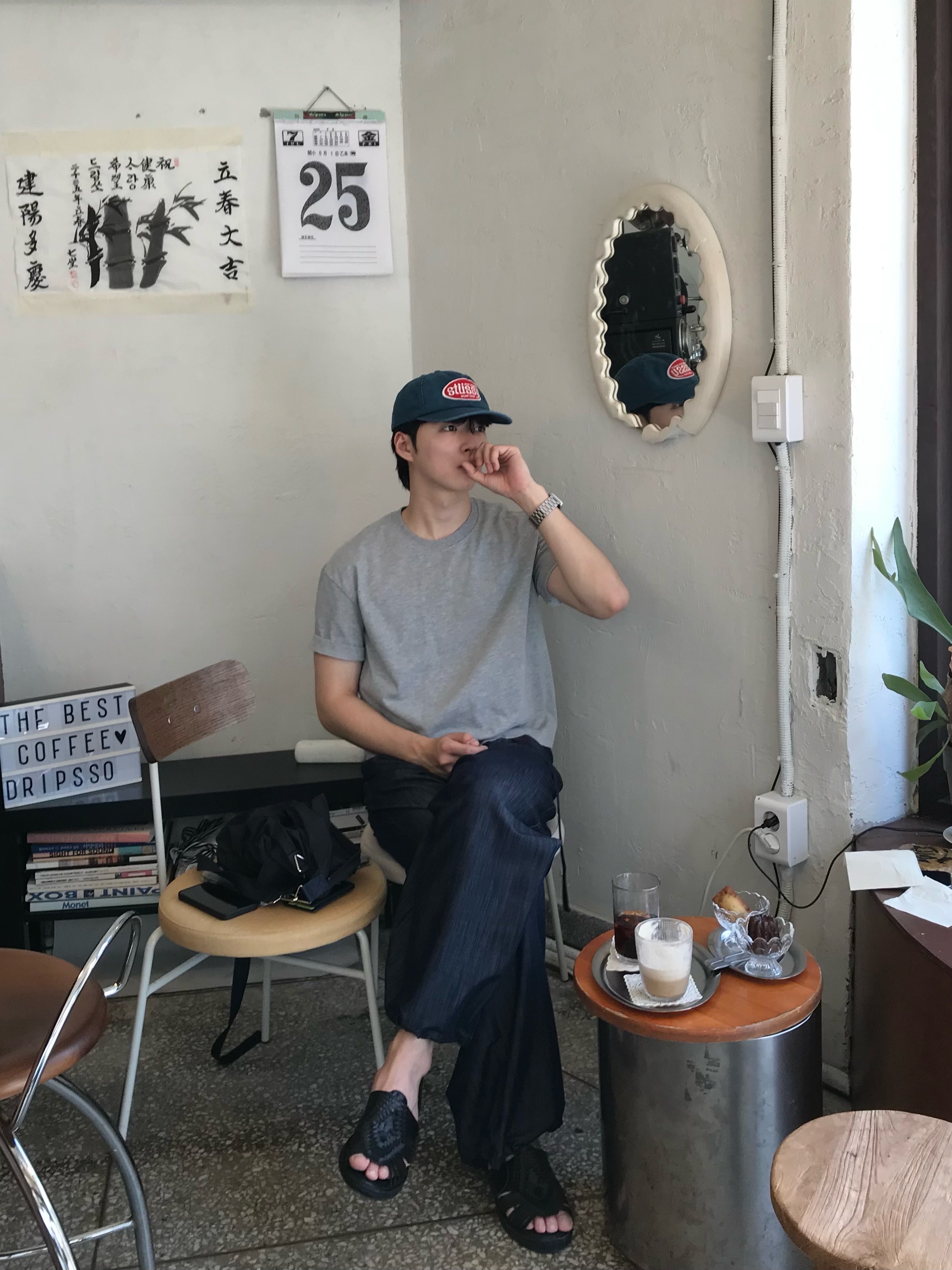 Stussy x Our Legacy Work Shop Mid-depth Cap Navy 착용 스타일 - 8