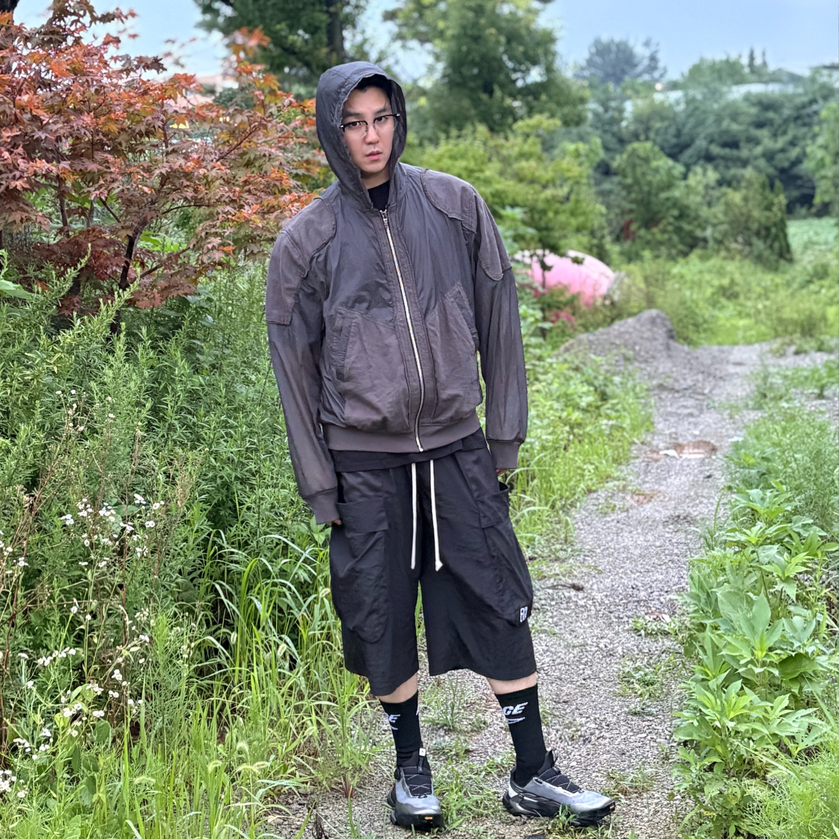 BLR Raw-edged Sheer Hoodie Jacket Black, Palace x Umbro Socks Black - 24SS 착용 스타일 - 1