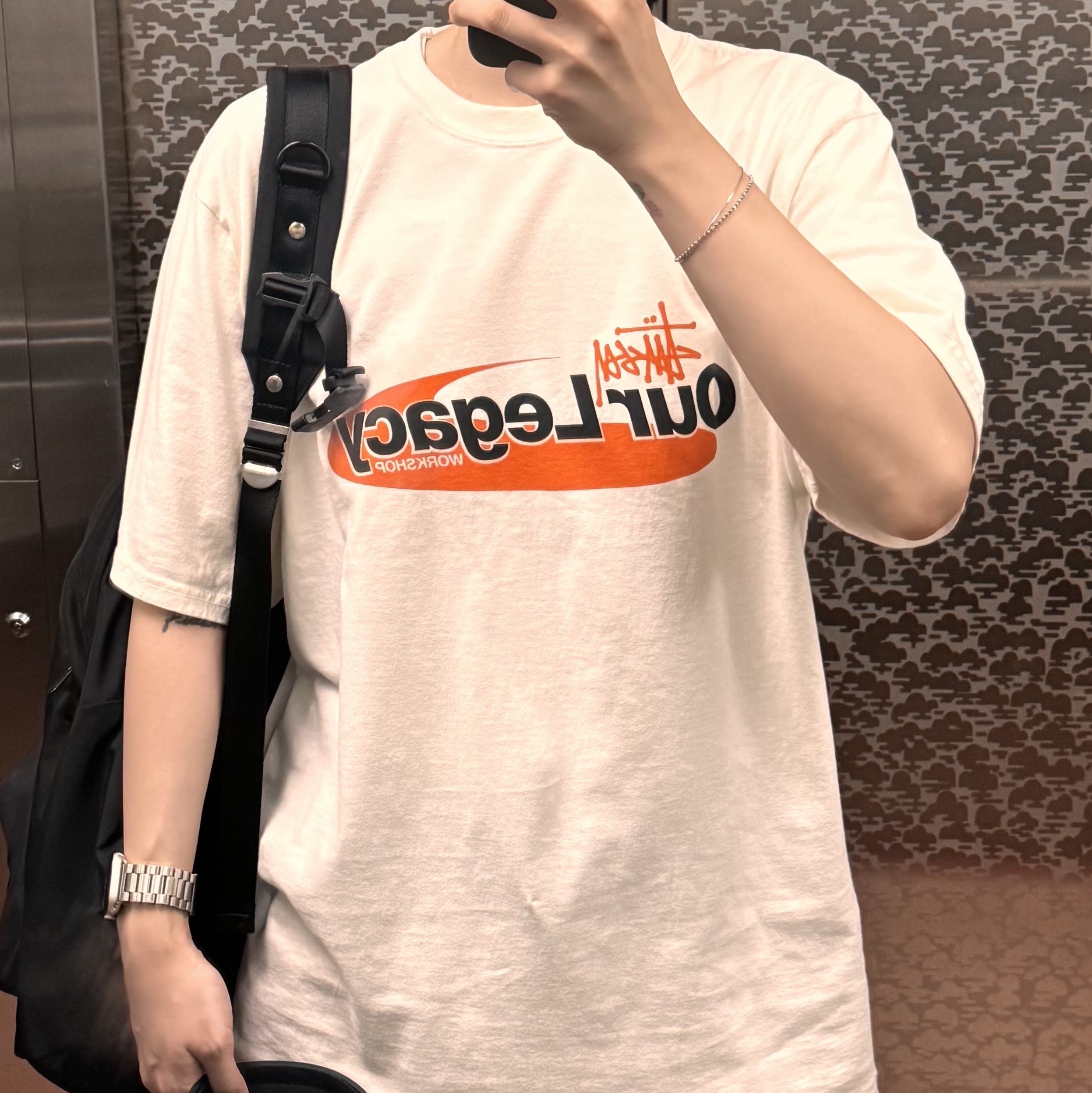 Stussy x Our Legacy Work Shop Swirl Pigment Dyed T-Shirt Natural 착용 스타일