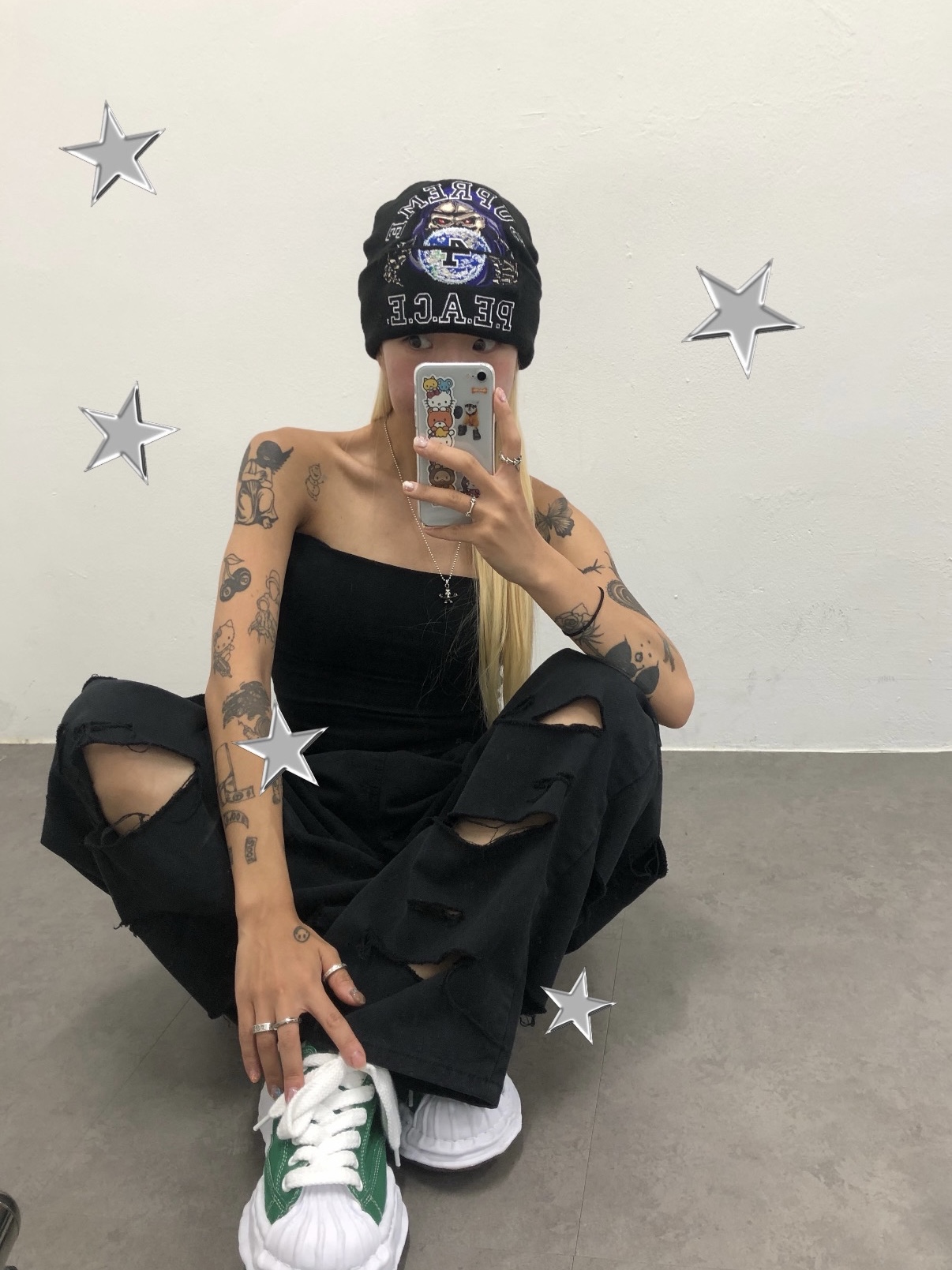 Supreme Peace Embroidered Beanie Black - 23FW, Maison Mihara Yasuhiro Blakey OG Sole Canvas Low-top Sneakers CL Green 착용 스타일