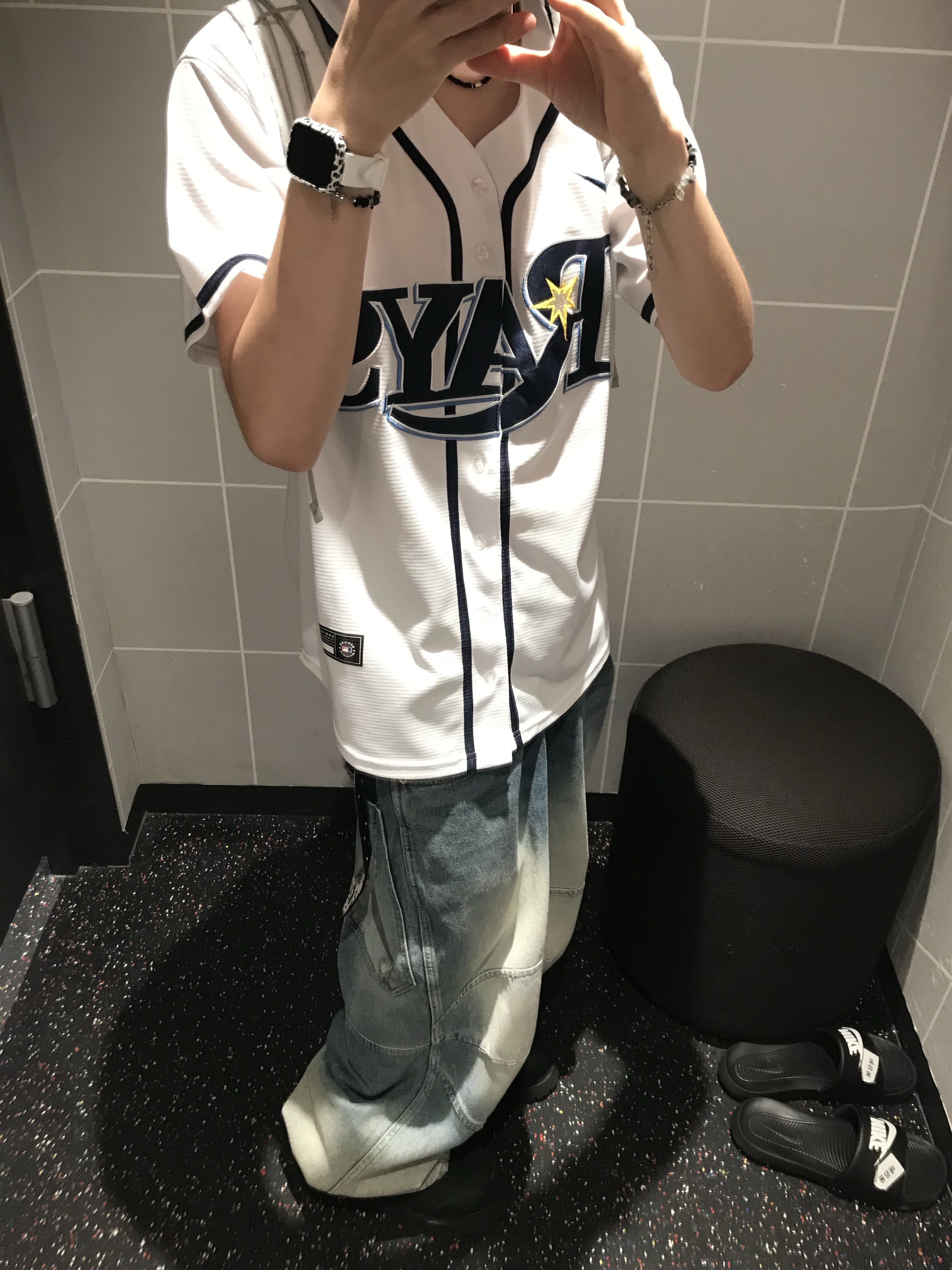 LOSTGARDEN Route Black, MJD 3D Knee Denim Pants Blue 착용 스타일 - 2