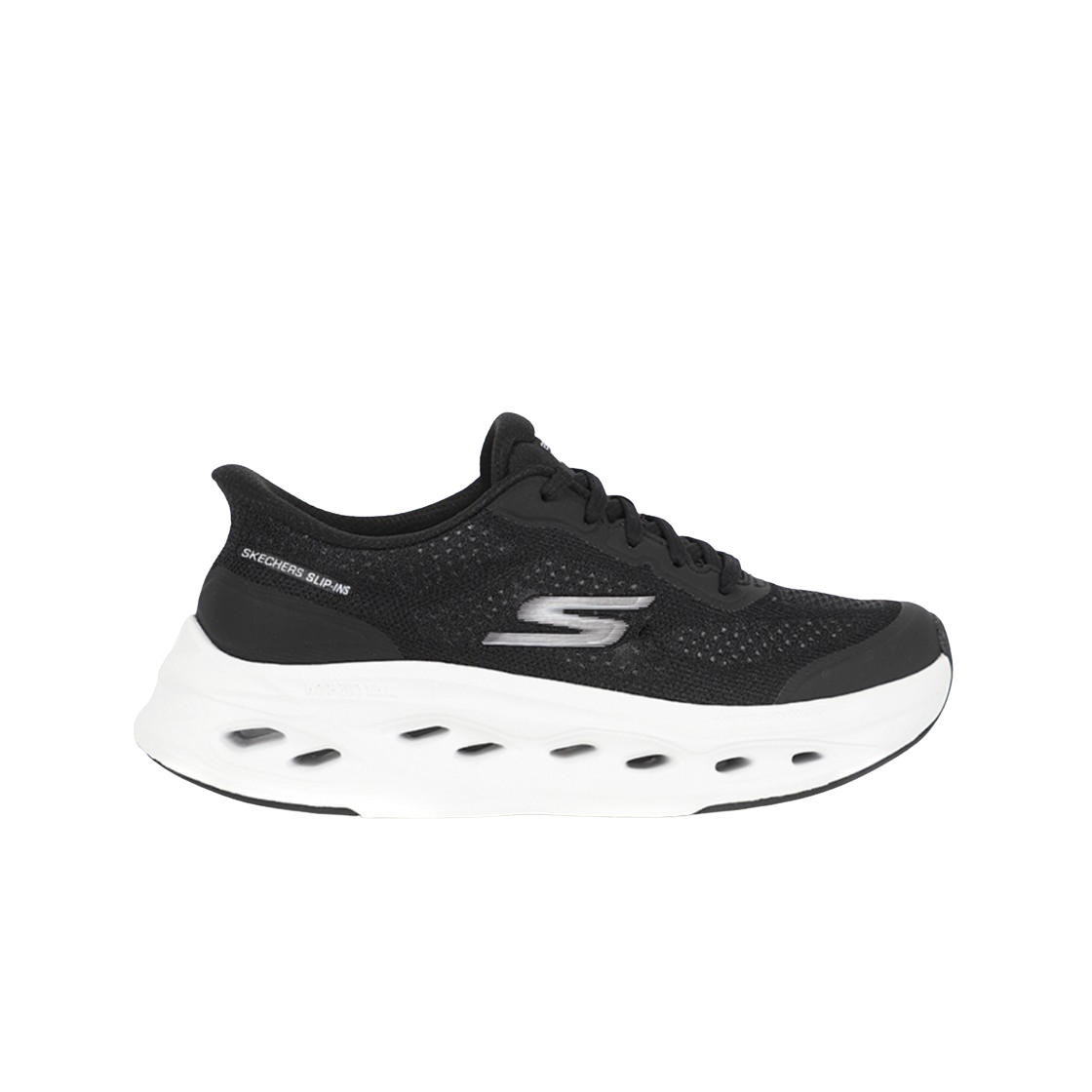 (W) 스케쳐스 맥스 쿠셔닝 글라이드-스텝 슬립 인스 블랙 화이트((W) Skechers Max Cushioning Glide-Step Slip Ins Black White)