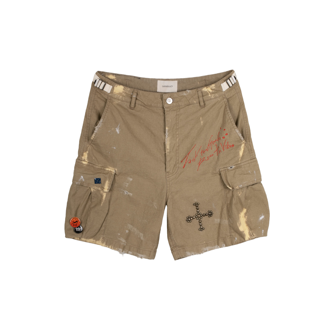 25EP04PT02BE Gatherlazy Slogan Washed Cargo Shorts Beige