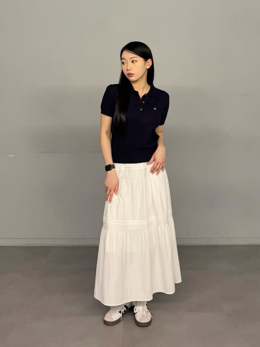 Knitted W Basic Essential Washable Collar Knit Navy 착용 스타일