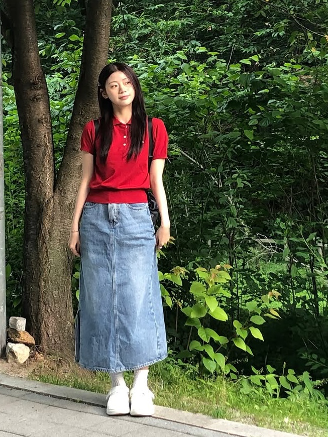 Knitted W Basic Essential Washable Collar Knit Red 착용 스타일
