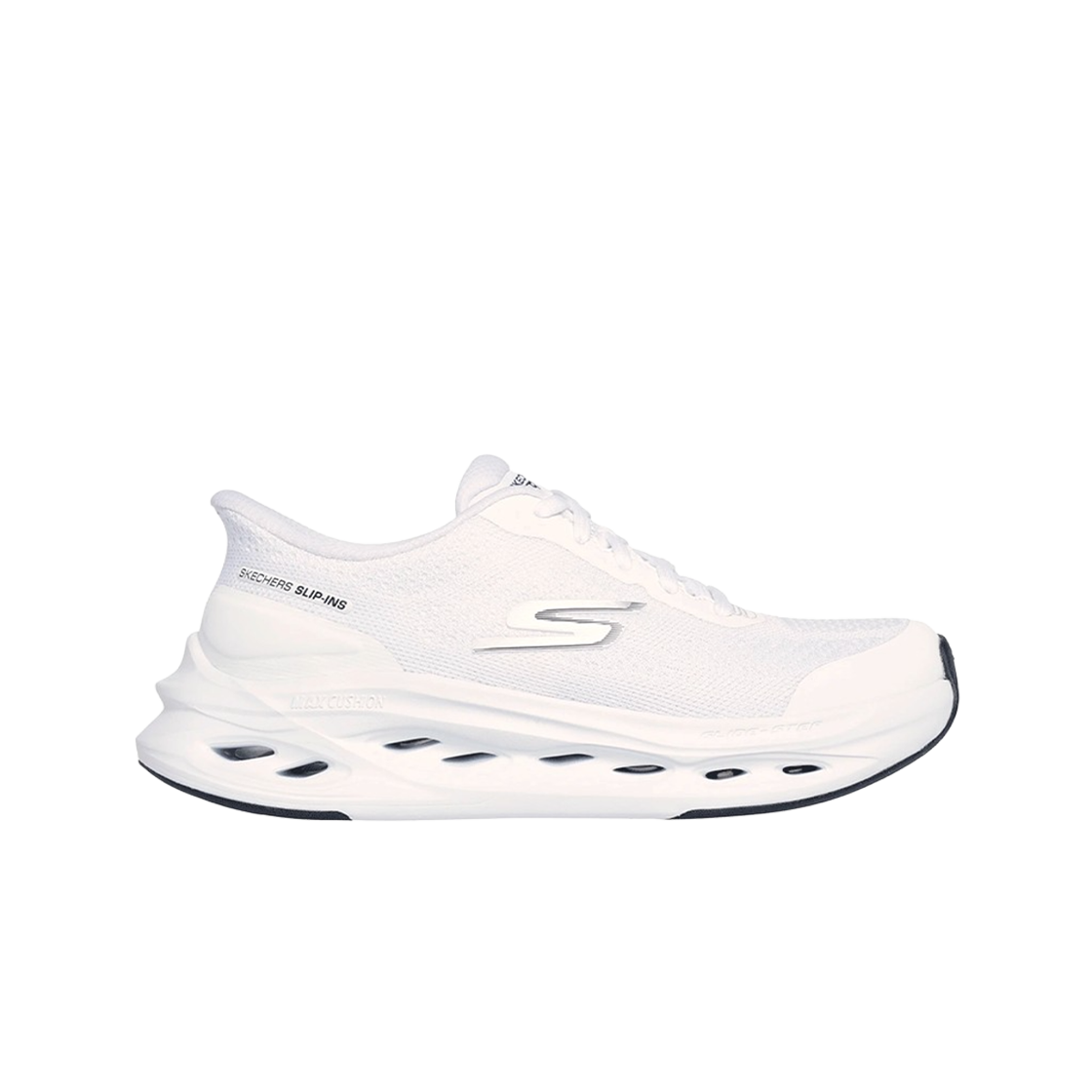 (W) 스케쳐스 맥스 쿠셔닝 글라이드-스텝 슬립 인스 화이트 블랙((W) Skechers Max Cushioning Glide-Step Slip Ins White Black)