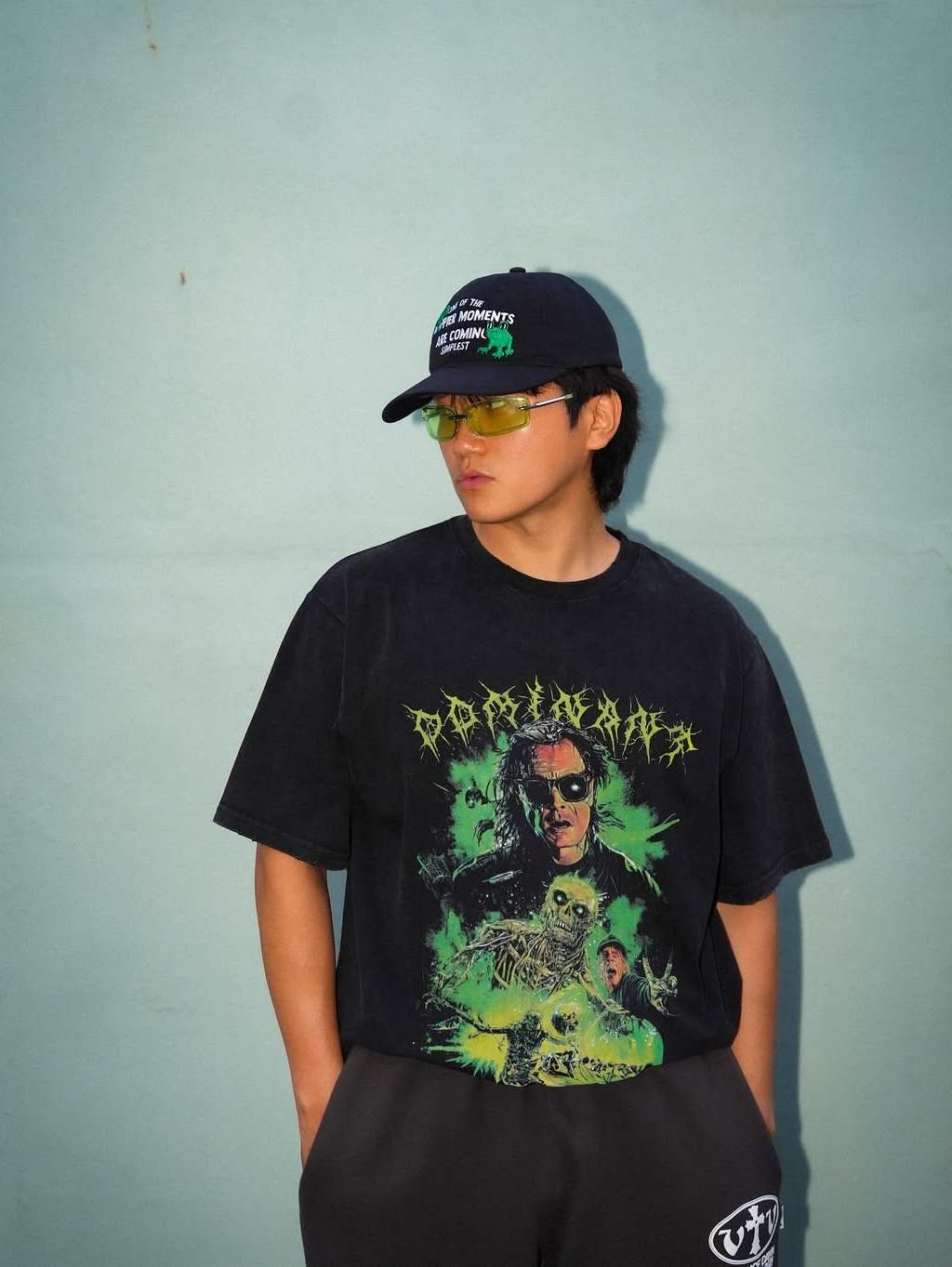 Dominant Frog cap_Black, Dominant Neon Washing T-Shirt 착용 스타일 - 1