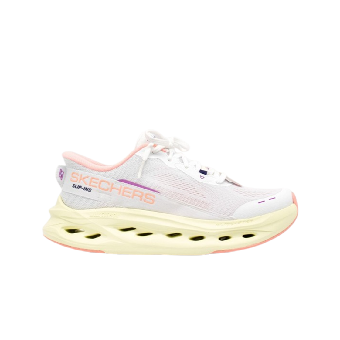 (W) 스케쳐스 맥스 쿠셔닝 글라이드-스텝 슬립 인스 화이트 핑크((W) Skechers Max Cushioning Glide-Step Slip Ins White Pink)