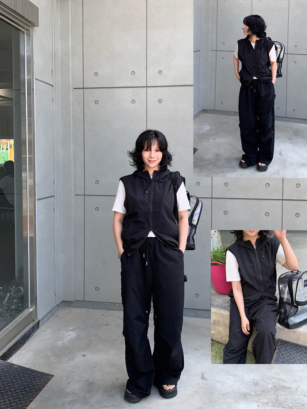 SLOW RECORD HOUSE Nylon Hood Vest Black 착용 스타일 - 2