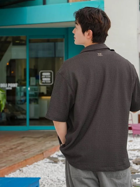 WESLEY HYUSTON Breeze Open Collar Half Knit Shirt Dark Brown 착용 스타일 - 3
