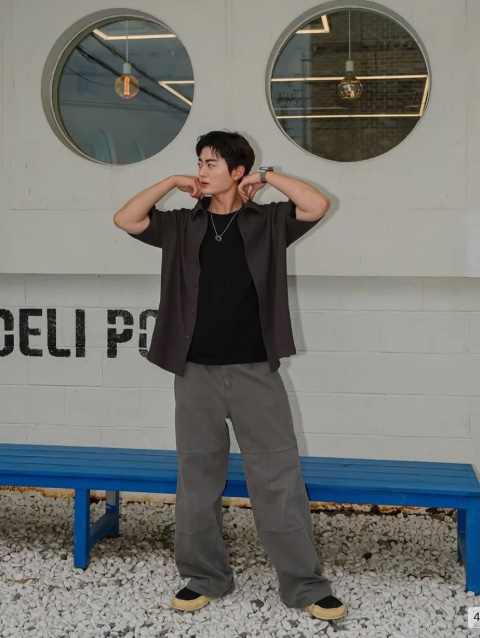 WESLEY HYUSTON Breeze Open Collar Half Knit Shirt Dark Brown 착용 스타일 - 2