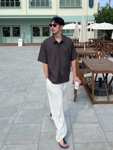 WESLEY HYUSTON Breeze Open Collar Half Knit Shirt Dark Brown 착용 스타일 - 1