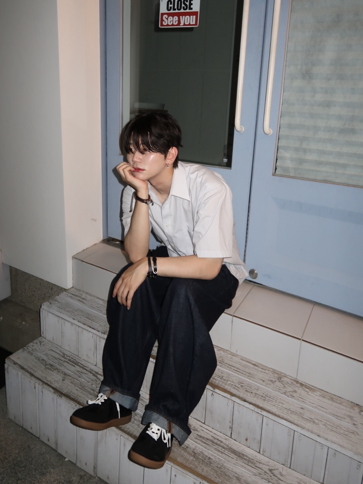 noun Wide Curved Denim Pants One Washed 착용 스타일 - 3