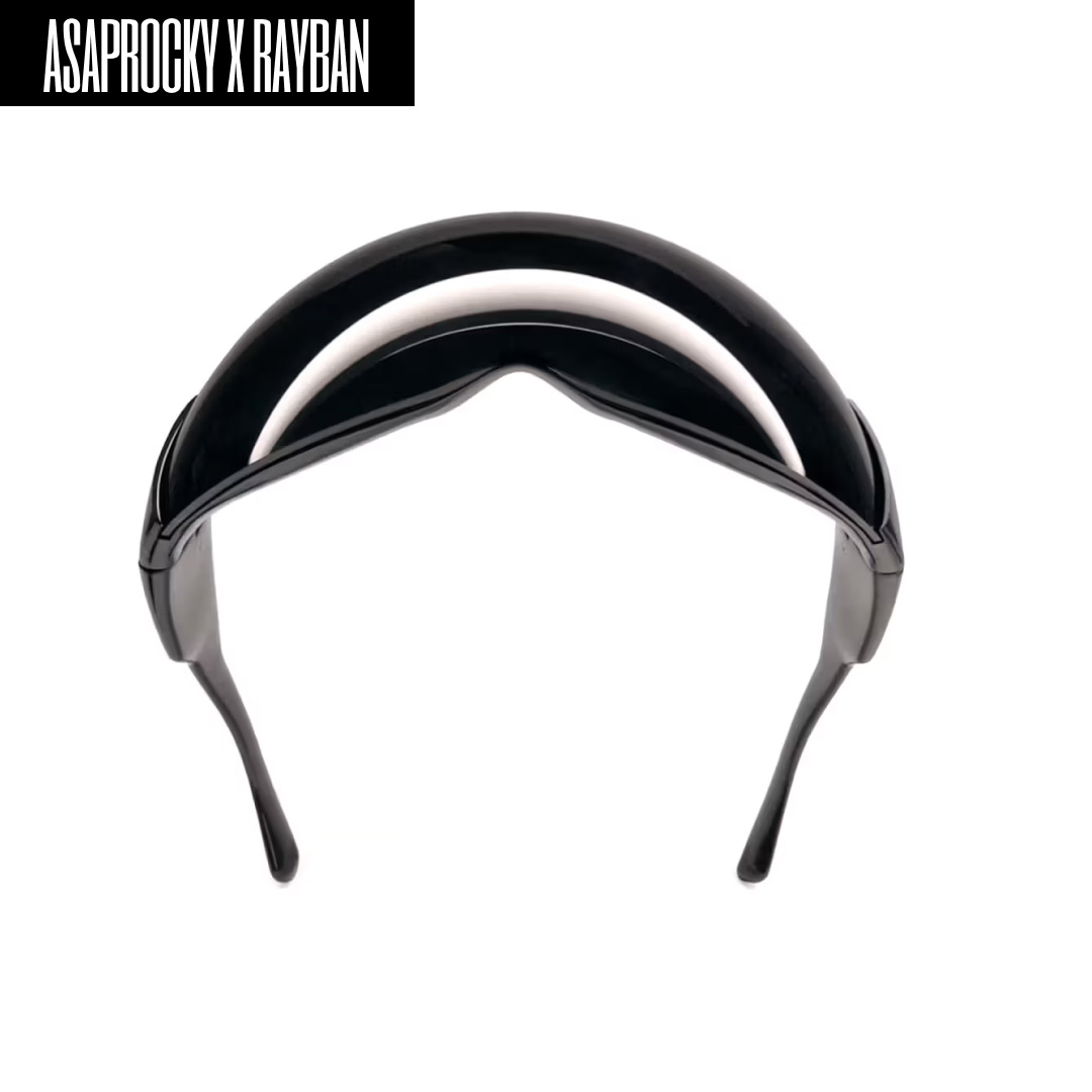 Ray-Ban Mega Balorama Blacked Out Collection Polished Black Frame Dark Grey Lenses High Bridge Fit, Ray-Ban x A$AP Rocky Mega Wayfarer Blacked Out Collection Polished Black Frame Dark Grey Lenses Low Bridge Fit 착용 스타일 - 4