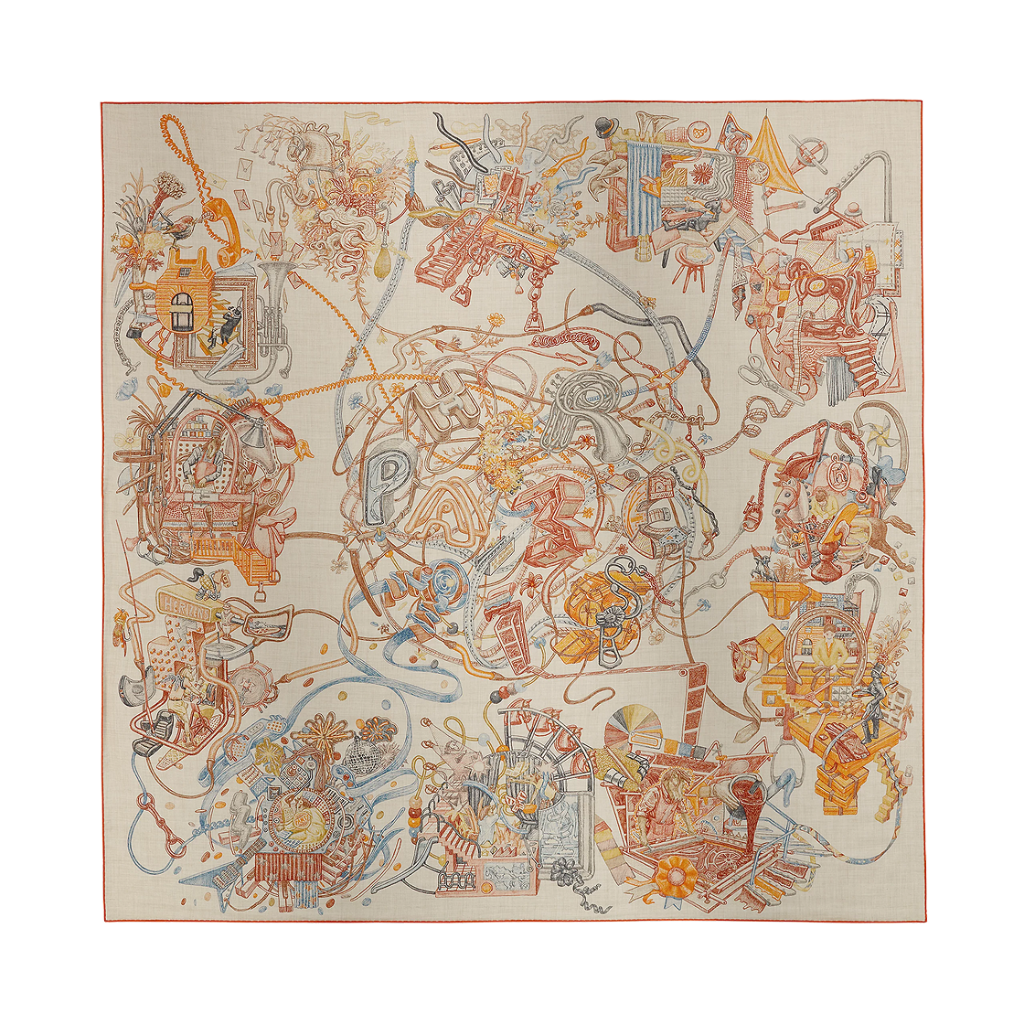 H244230S10 Hermes Le Monde D'Hermes Shawl 140 Naturel Orange Brun