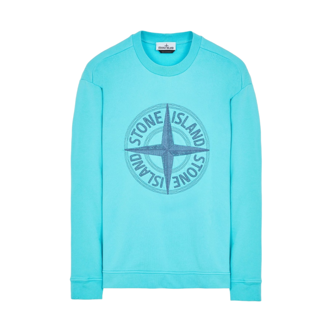 781565484-V0042 Stone Island 65484 Stitches Four Print Cotton Fleece Garment Dyed Crewneck Sweatshirt Turquoise - 23SS