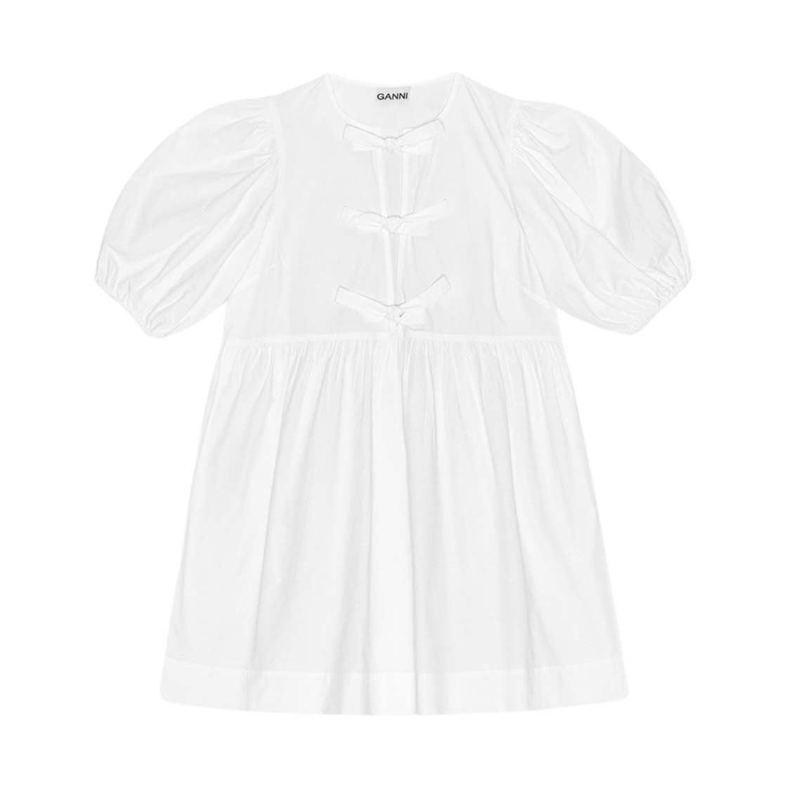 (W) 가니 코튼 포플린 타이 스트링 미니 드레스 화이트((W) Ganni Cotton Poplin Tie String Mini Dress White) - 1