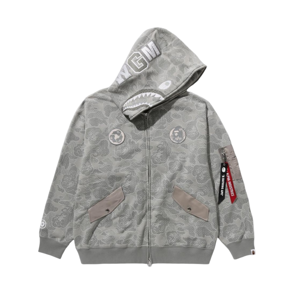 베이프 x 알파 인더스트리 샤크 풀 집 후드 올리브 드랩(BAPE x Alpha Industries Shark Full Zip Hoodie Olive Drab)